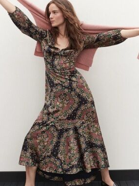 Point Sur for JCrew Black Paisley Wrap Maxi Dress with Salmon and Green Print 4